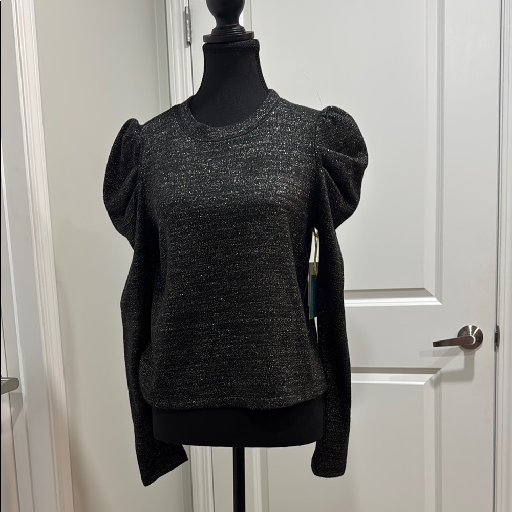 CeCe Black Metallic Puff Sleeve Top